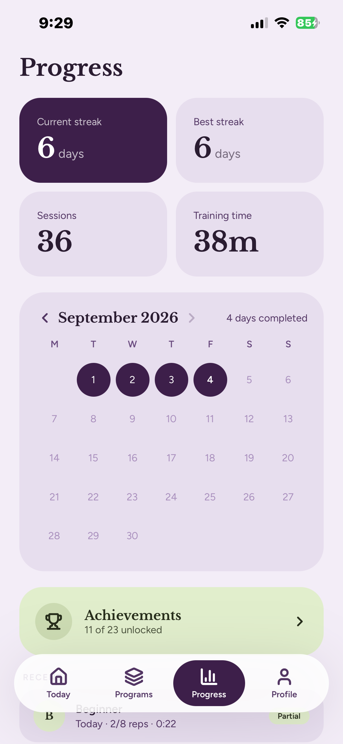 The Progress screen: a six-day streak, 36 sessions, and September's calendar with completed days filled in.