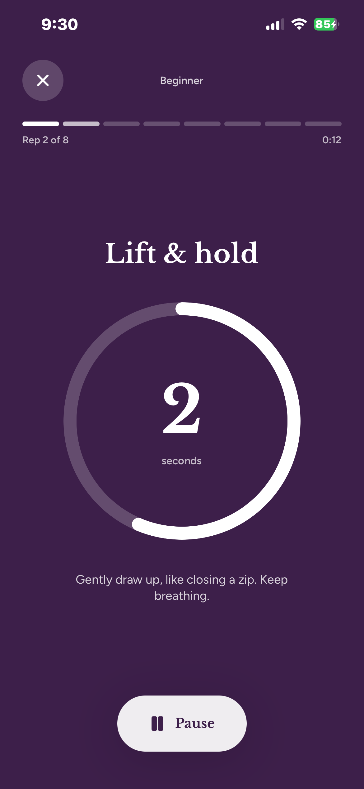 A session in its contract phase: Lift and hold, two seconds remaining on the ring, rep 2 of 8.